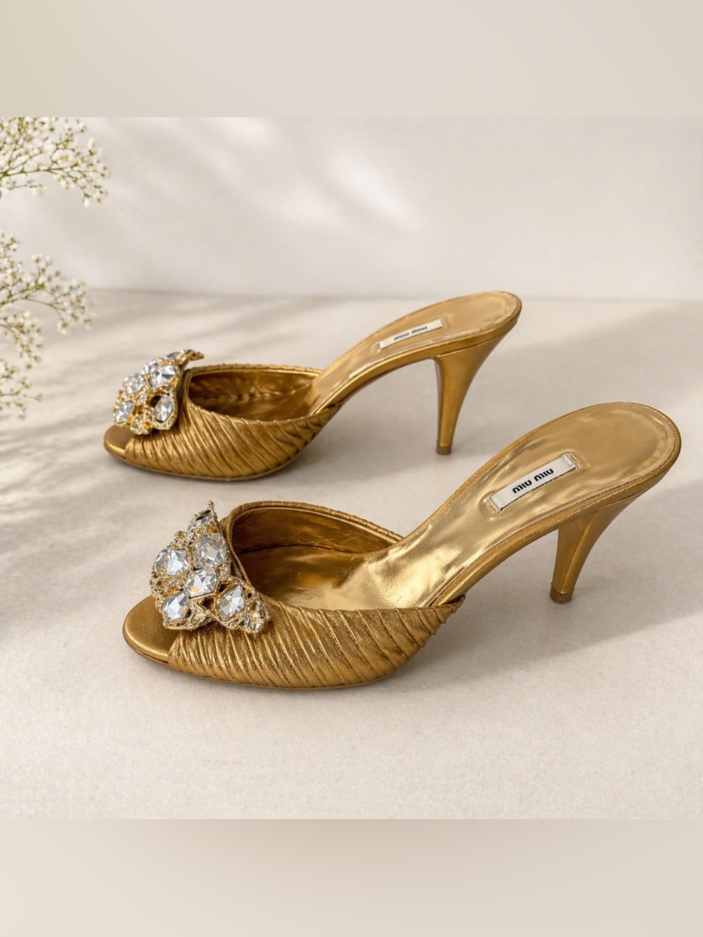 Miu Miu Gold Crystal Embellished Mule Heels | Open Toe | Size 36 | Made in Italy